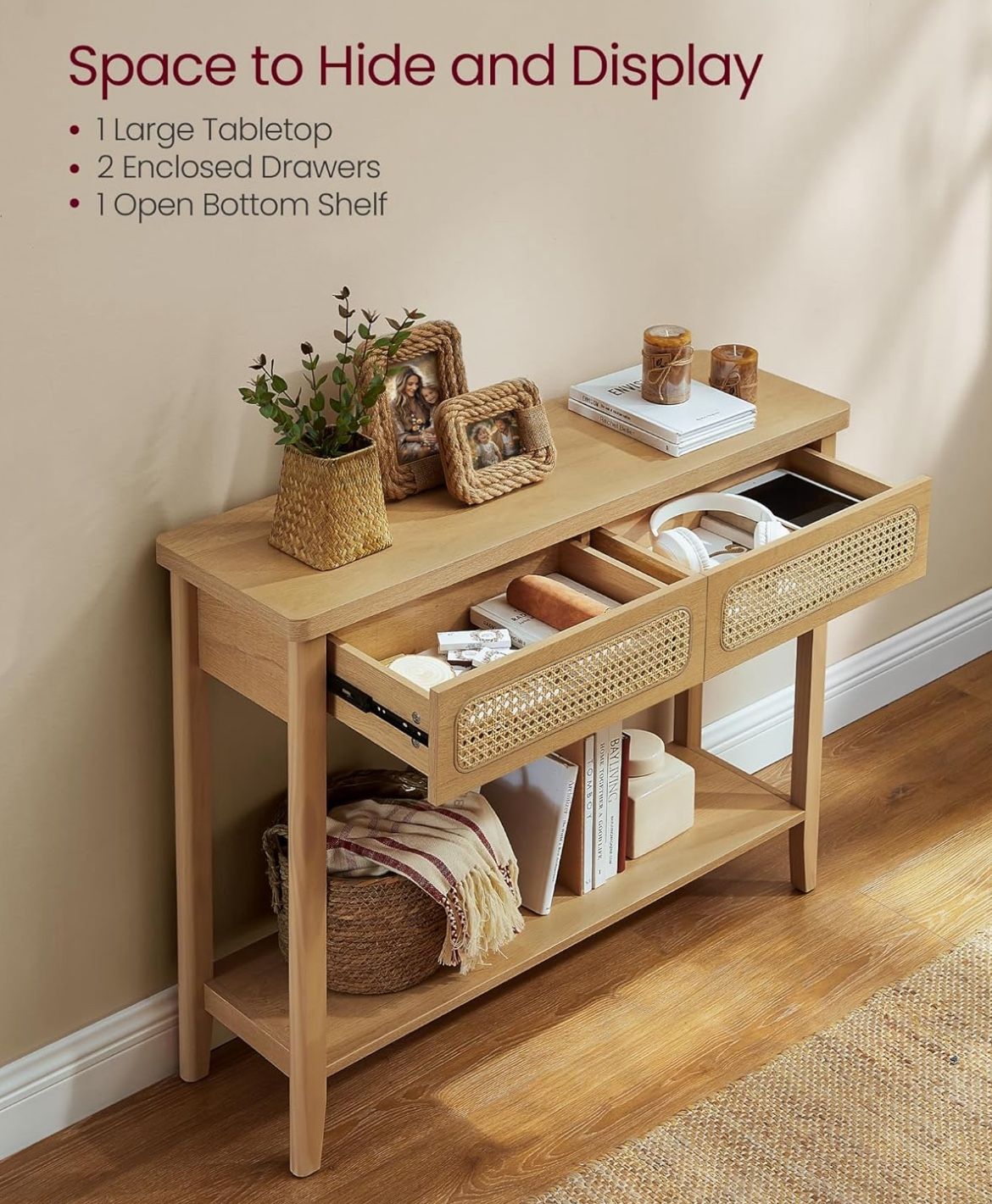 Console Table, Sofa Table, Narrow Entryway Table with 2 Drawers, Open Storage Shelf, Rounded Corners, for Living Room, Boho Style, Oak Beige ULNT016Y5