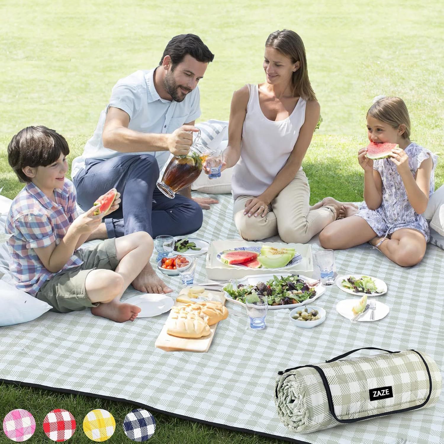 ZAZE Extra Large Picnic Outdoor Blanket, 80x80'" Waterproof Foldable Green White