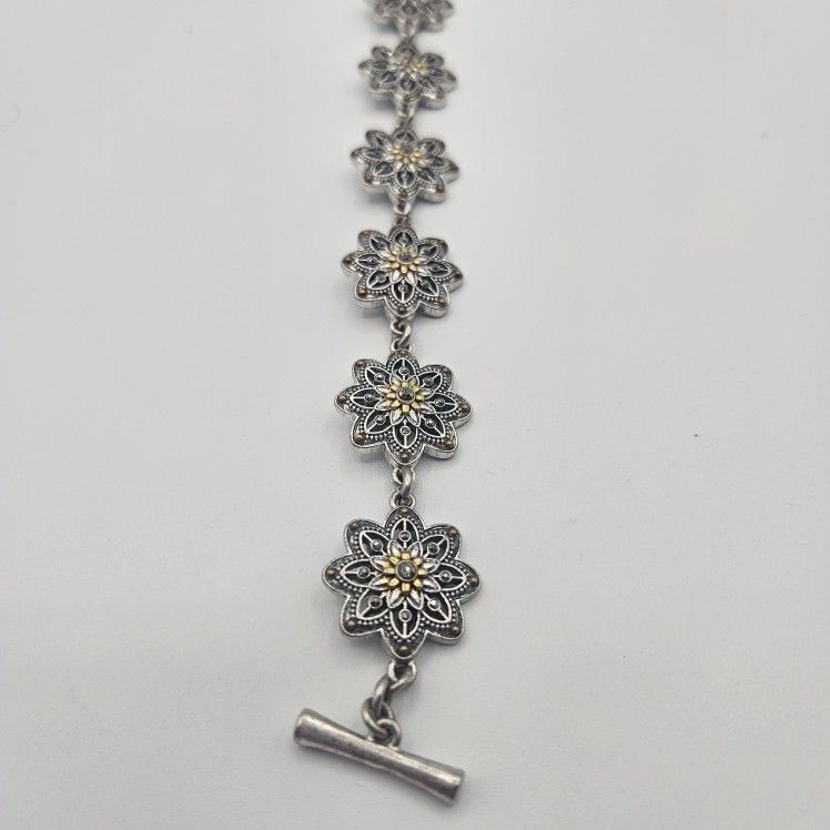 Lucky Brand Gold & Silver Two Tone Linked Flower Pave Stone Toggle Bracelet