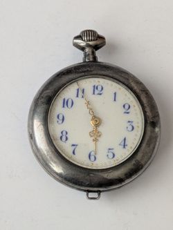Small STERLING SILVER fancy dial fancy hands old antique Cavour New Enlgand pocket watch. Not working and back of case is detached (but does snap on).