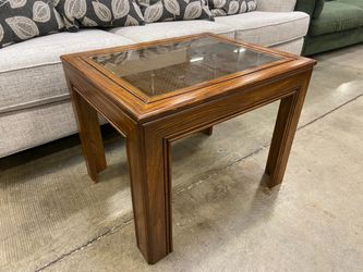 Vintage Wooden End Table with Rattan and Glass Insert Top