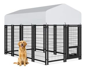 8x4x5.6 Outdoor Dog Kennel for Small/Medium Dogs, Welded Wire Outside Dog Pen, Anti-Rust Dog Run with Secure Lock, UV-Resistant Waterproof Roof & Swiv