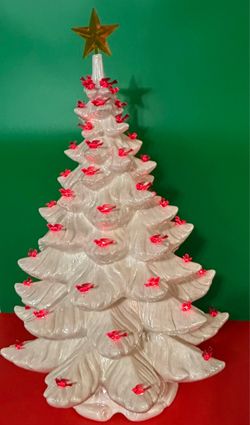 Vintage 1977 Ceramic Christmas Tree Dove And Bulb Ornaments Music Box 24in