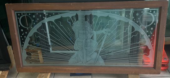 Custom Art Deco Framed Etched Glass Transom Window - Lady Justice motif