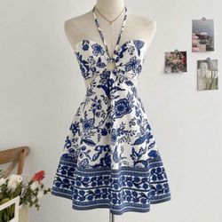 Blue & White Flower Print Dress