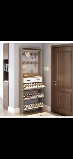 Entryway Shoe Cabinet with Hooks and Drawers