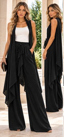 Women's Black Pleated Wide Leg Pants & Duster Vest 2 Piece Set  NWT Iconic VTG