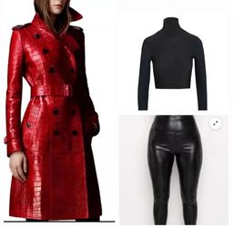 New Red Faux Leather 3/4 Coat with black crop turtleneck and faux leather Pants 