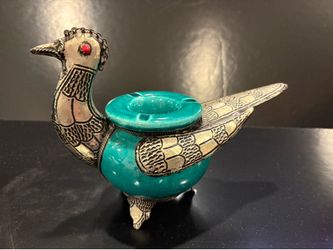 Moroccan Peacock Ashtray Hand Crafted Ceramic Jade Green Body Silver Colored Metal