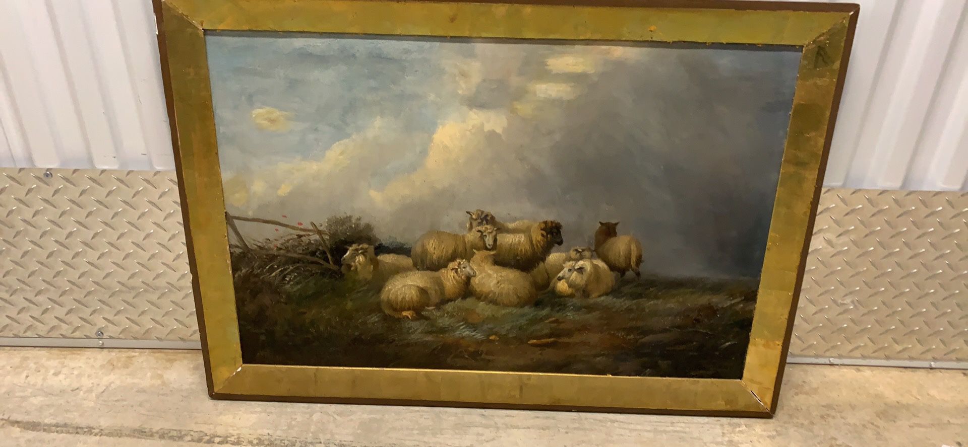Vintage framed oil painting of sheep landscape