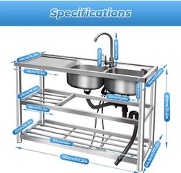 Utility Sink, 2 Compartment Stainless Steel Commercial Kitchen Prep & Utility Sink with Drainboard - Expanded Size 47" x 33" x 17"