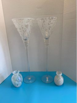 4pc Frosted Art Glass Long Stem Candle Holders & Vases Set