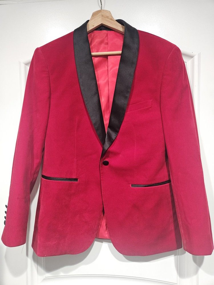 Bellio Mens Red Velvet Tuxedo with Black Satin Trim. Wedding Prom 38S slimfit