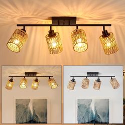  4-Light Track Lighting - Black & Natural Rattan Shades