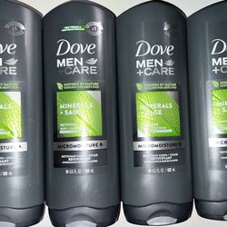 4 Bottles Dove Men+Care Reviving Minerals+Sage Body+Face Wash 18 Fl.oz 532 ml Ea