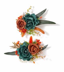 Teal Orange Wrist Corsage and Boutonniere Set 2pcs