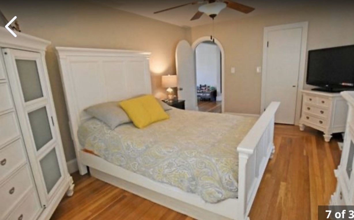 All white bedroom set. Queen bed, headboard/frame, 2dressers , nightstand, and mirror