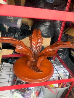 Hand-Carved Wood Leaf Sculpture on Round Base