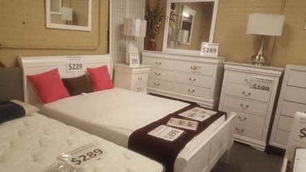 Brand new full or queen white sleigh bed frame, dresser, mirror, nightstand