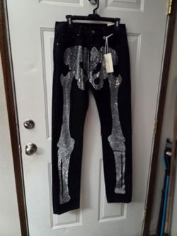 Black Jeans with Silver Skeleton Sequin Design