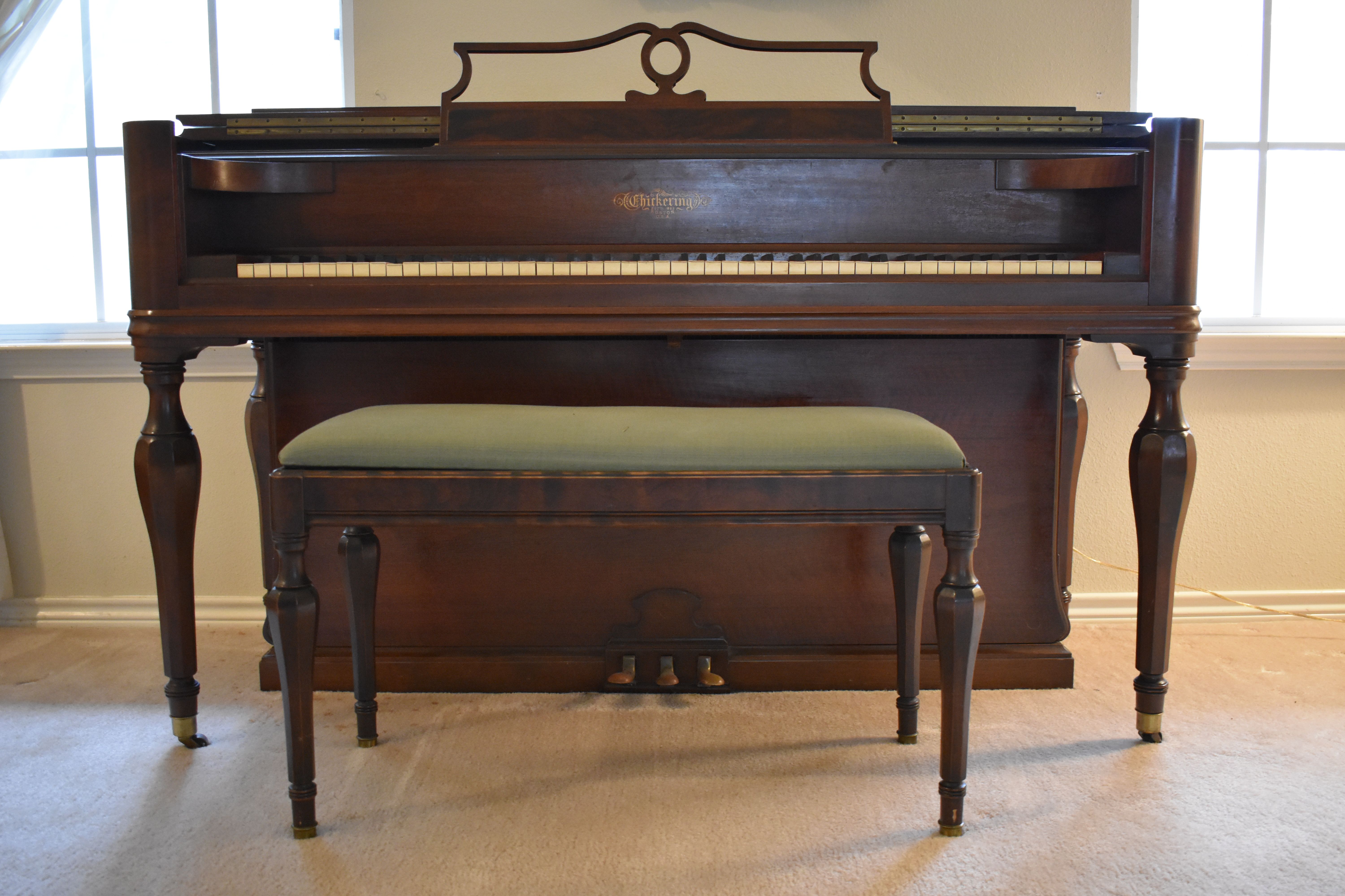 Chickering & Sons Antique Hand Carved Walnut Upright Piano & Upholstered Music Storage Bench - Needs Tuning