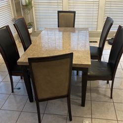 Marble Top Dining Table & 6 Chairs (4 Leather/2 Fabric)