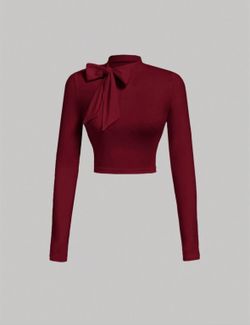 women's burgundy long sleeve crop top with bow, detailed size small