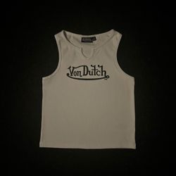 Von Dutch White Ribbed Notch Tank Top Black Logo Y2K Size M