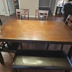 Wood Dining Room Table W/4 Chairs And A Bench