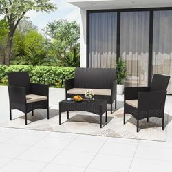 4 Piece Patio Rattan Conversation Set, Outdoor Rattan Chair Wicker Furniture Set, Couple Seats and Tempered Glass Table,Comfort Seat for Patio, Pool o