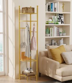 Metal Corner Coat Stand Clothes Rack with Storage Shelf Free Standing Garment Rack Hall Tree