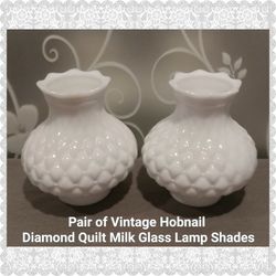 PAIR OF VINTAGE HOBNAIL DIAMOND QUILT MILK GLASS LAMP SHADES 