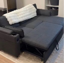Dark Gray Sectional Sleeper Sofa with Storage and Cup Holders