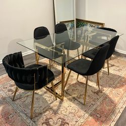 Black Gold Modern Velvet Glass Dining Set For 6