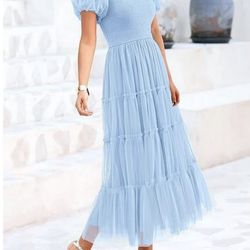 Smocked Tulle Midi Dress Summer Square Neck Puffy Short Sleeve Ruffl Dresses