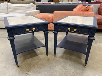MERSMAN Navy Blue 2 Tier End Table with Castors and Stone Illusion Top (Set of 2)