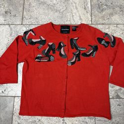 Michael Simon Designer Sweater Red With High Heel Appliqués Covered Buttons 