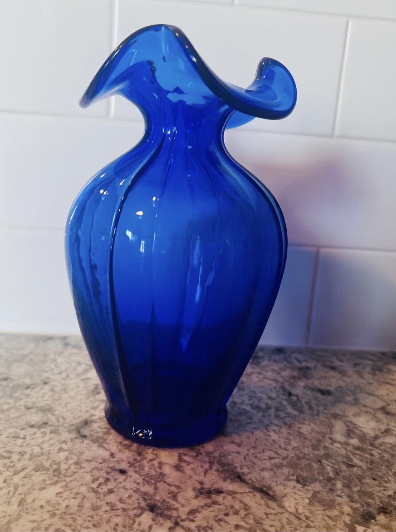 Vintage Rare Fenton Cobalt Blue 3 Crimp Ruffle Melon Glass Vase