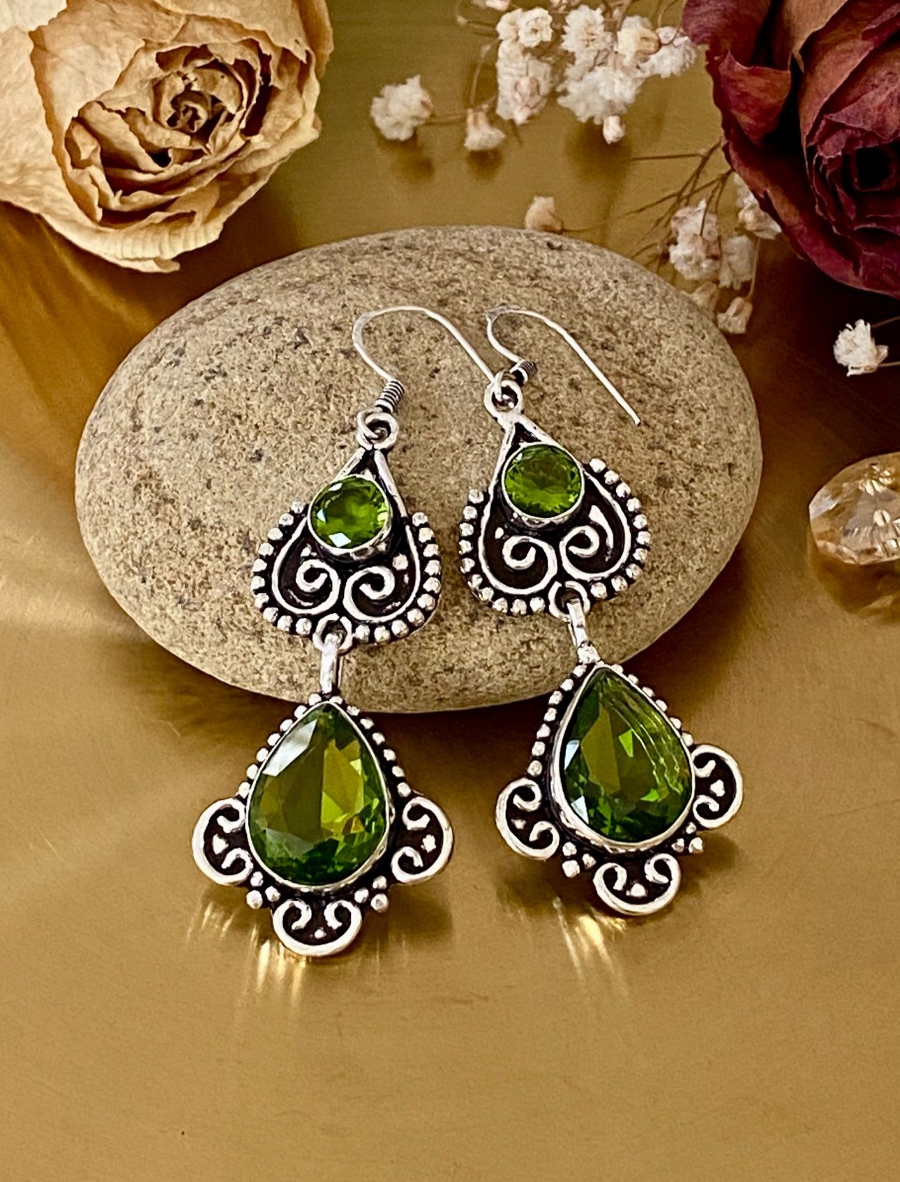 Double Peridot 925 Sterling Silver Overlay Hand Crafted Earring