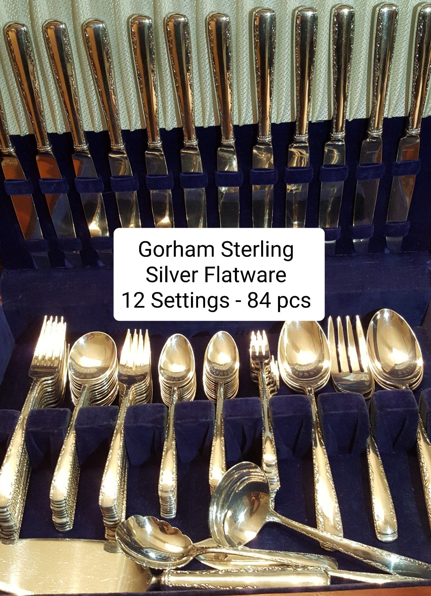 Gorham Sterling Silver Flatware - 12 Settings - 84 pieces - Includes serving pieces + Storage Box