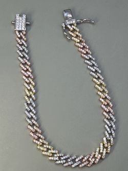 Tri-Color Iced Out Moissanite Cuban Link Bracelet