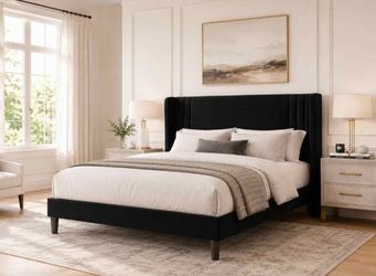 Queen bed Velvet Bed Frame, Tufted Wingback Headboard, White 47'' Modern Vertical Channel Headboard, Upholstered Platform Bed, Wood Slats, No Box Spri