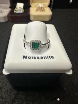 925 Sterling Silver Malachite w/ Moissanite Halo