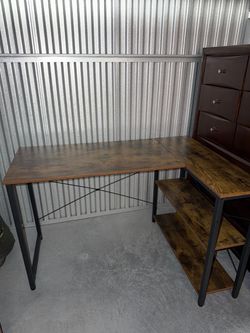 Industrial L-Shaped Desk with Side Shelves