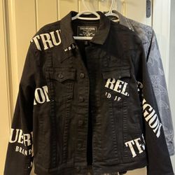 True Religion Tossed Logo Black Denim Jean Stretched Jacket