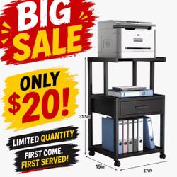 🔥 BIG SALE 🔥 3-Tier Printer Stand, Mobile Printer Table with Storage Drawer and Steel Frame,Printer Cart with Lockable Wheels for Home Office, Black