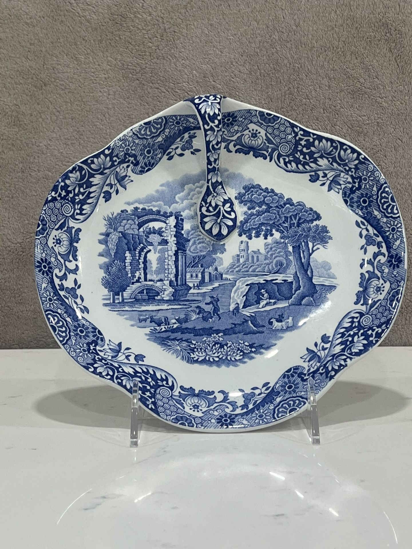 Spode Blue Italian Porcelain 8" Shallow Tray Nappy Bowl w/ Handle *filled chips