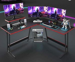 L-Shaped Gaming Desk with Monitor Shelf