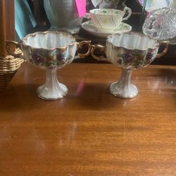 Antique Tall Footed Teacups Floral Pedestal Candy Dish Pair 