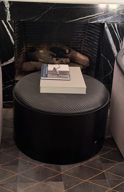 Round Ottoman with Ribbed Leather Top